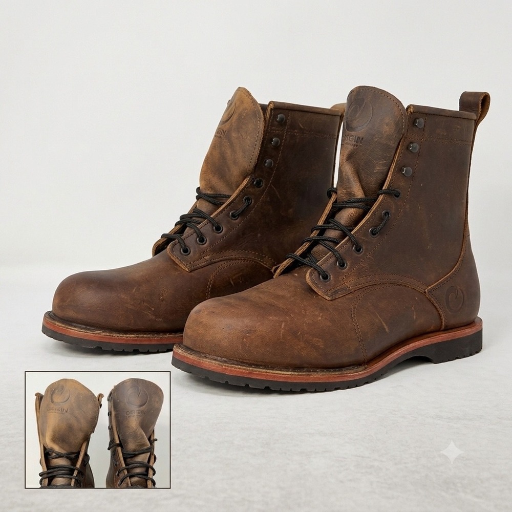 Origin Maine USA Mens 9 Inch Leather Work Boots Brown Safety Toe 10 EE Vibram